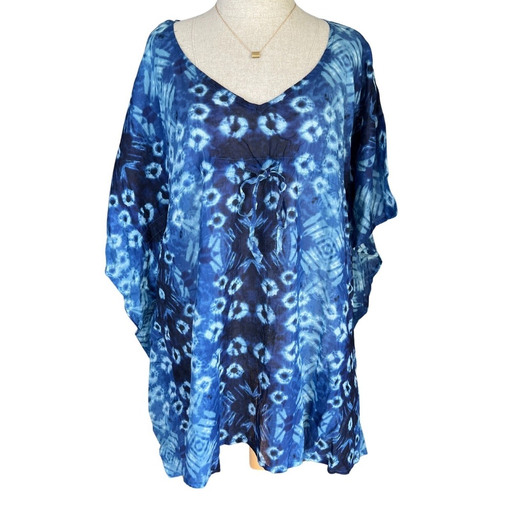 Fragonard Parfumeur Tie Dye Caftan Cover Up Tunic Top Blue Bohemian Resort Wear